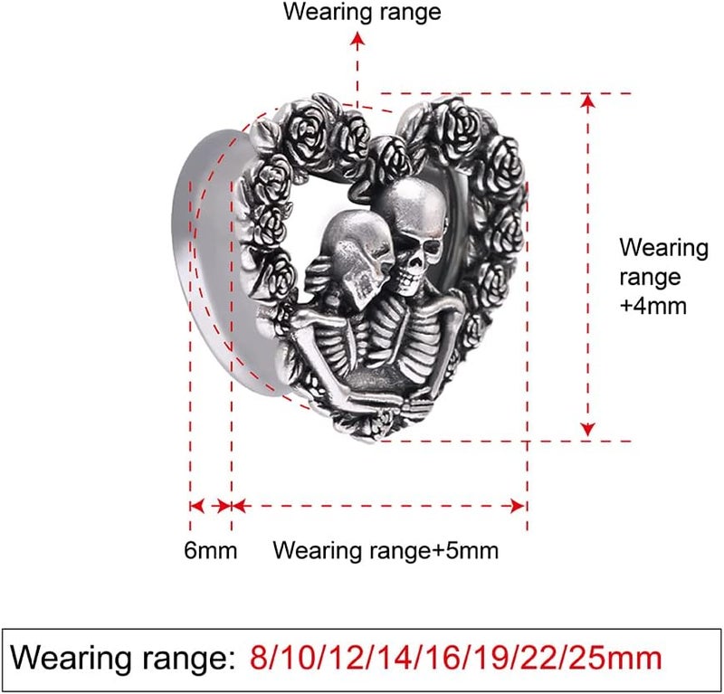 COOEAR Heart Ear Plugs Stainless Steel Tunnels Flared Shape Gauges Skull Stretcher Expander Earrings Size 0g to 1 inch. - Image 2